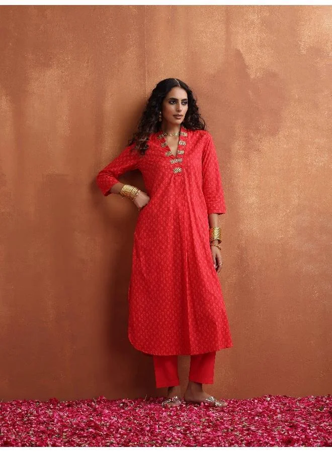 trueBrowns Red Print A-line Kurta Set
