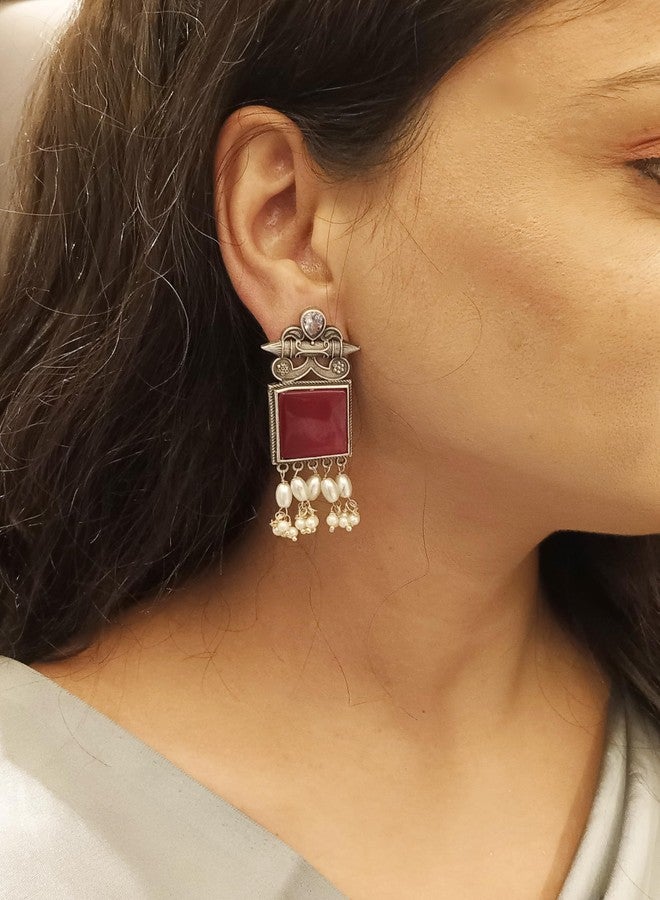 Efulgenz Indian Oxidized Crystal Maroon Dangle Earrings Set for Women - Image 3