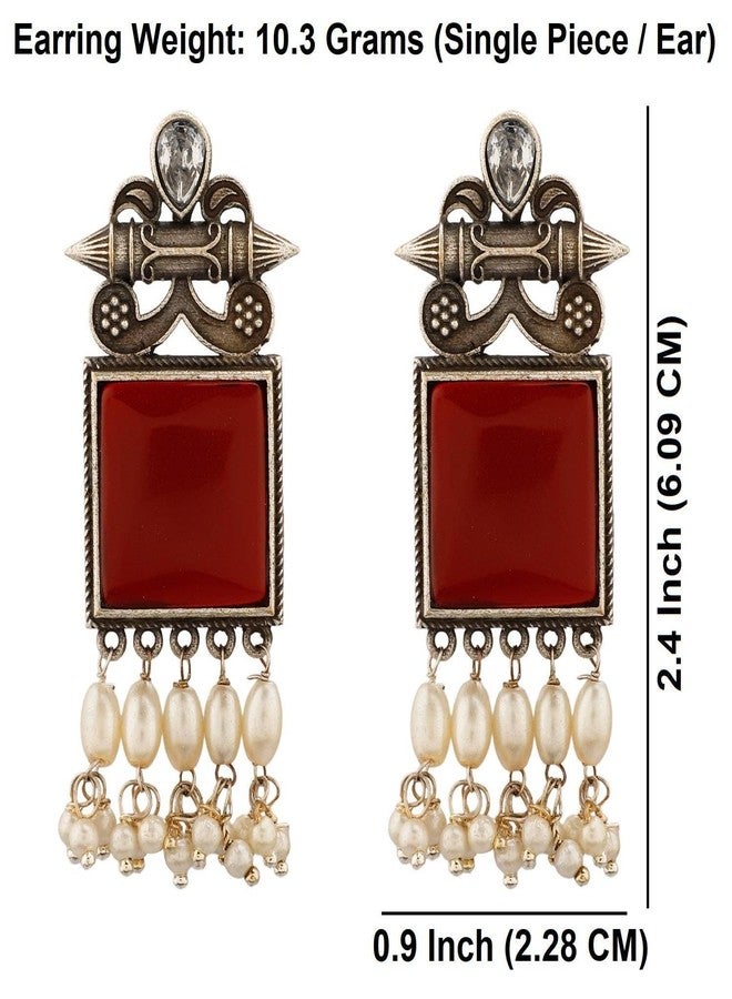 Efulgenz Indian Oxidized Crystal Maroon Dangle Earrings Set for Women - Image 4