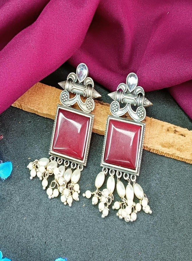 Efulgenz Indian Oxidized Crystal Maroon Dangle Earrings Set for Women - Image 2