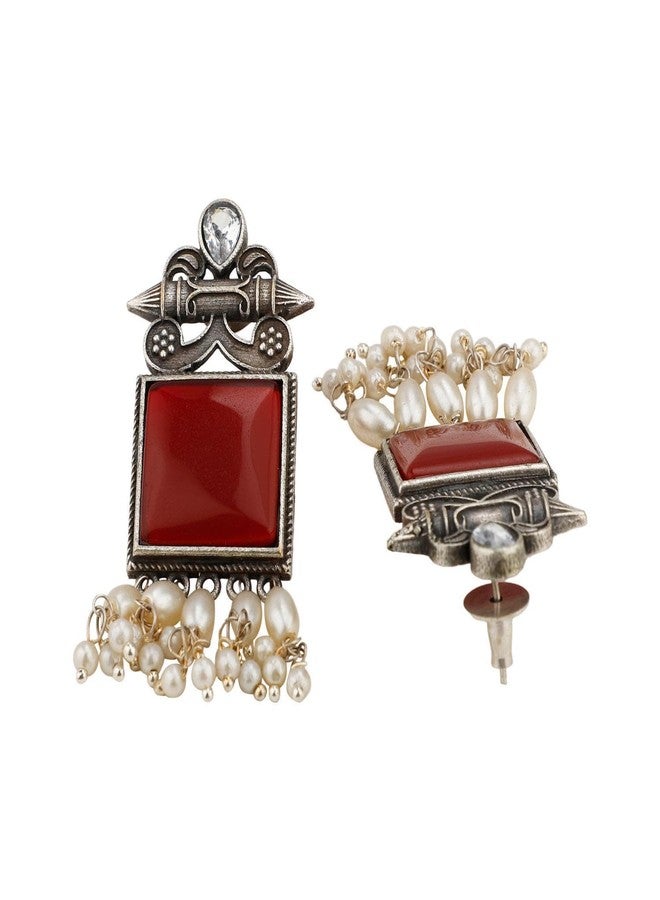 Efulgenz Indian Oxidized Crystal Maroon Dangle Earrings Set for Women - Image 5
