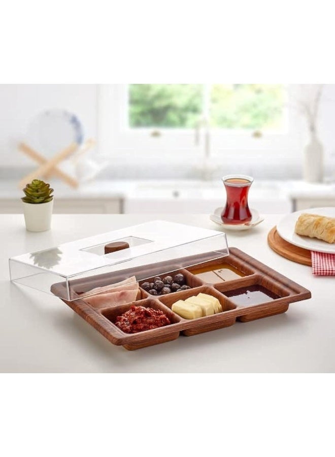 إيفيلين صينية تقديم إفيلين للمكسرات والوجبات الخفيفة مع غطاء – تصميم فاخر مُحاكي للخشب من بلاستيك البوليسترين – مقسمة إلى 6 أقسام لعرض مجموعة متنوعة من المكسرات والوجبات – طبق تقديم للحلويات والكيك والفواكه مع صندوق داخلي مانع للانزلاق – مثالية للحفلات والضيافة - Image 3