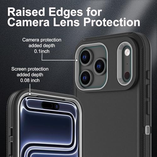 YKHJKLEC for iPhone 17 Pro Case, Military Grade 3 in 1 Heavy Duty Shockproof/Drop Proof/Dust Proof Case with 2Pcs Tempered Glass Screen Protector (Black/Grey) - Image 3