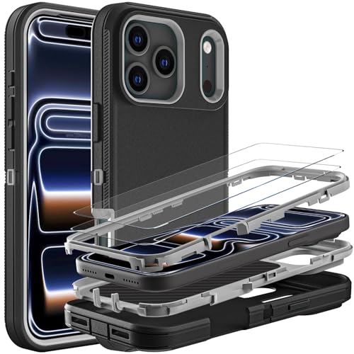 YKHJKLEC for iPhone 17 Pro Case, Military Grade 3 in 1 Heavy Duty Shockproof/Drop Proof/Dust Proof Case with 2Pcs Tempered Glass Screen Protector (Black/Grey) - Image 1