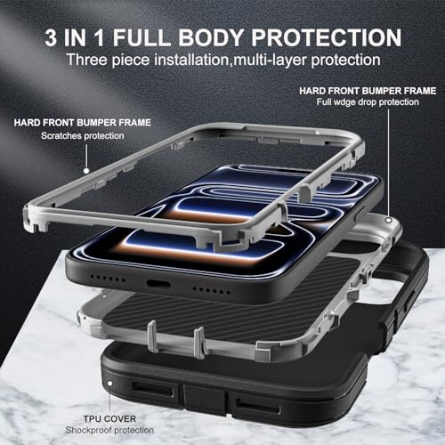 YKHJKLEC for iPhone 17 Pro Case, Military Grade 3 in 1 Heavy Duty Shockproof/Drop Proof/Dust Proof Case with 2Pcs Tempered Glass Screen Protector (Black/Grey) - Image 4
