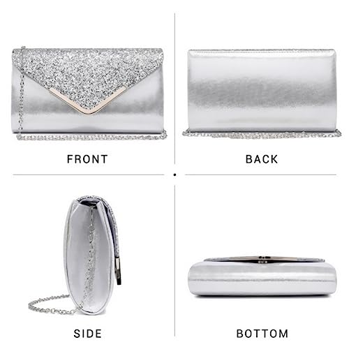 Dasein Women Evening Bags Formal Clutch Purses for Wedding Party Prom Handbags with Shoulder Strap and Glitter Flap (Silver) - Image 3