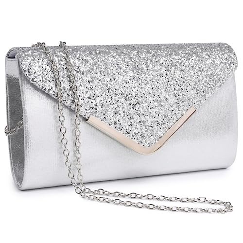 Dasein Women Evening Bags Formal Clutch Purses for Wedding Party Prom Handbags with Shoulder Strap and Glitter Flap (Silver) - Image 1