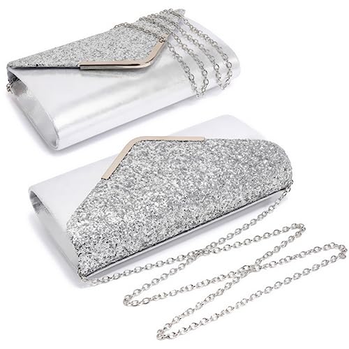 Dasein Women Evening Bags Formal Clutch Purses for Wedding Party Prom Handbags with Shoulder Strap and Glitter Flap (Silver) - Image 2