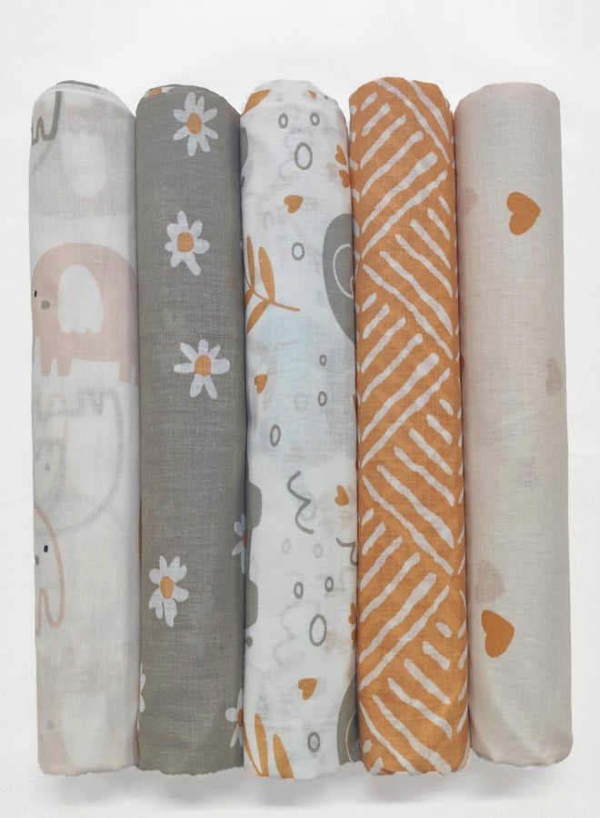 Trance Home Linen Super Ultra Soft 100% Cotton Malmal Baby Swaddle Cloth | Baby Wrap for New Born Babies | Skin Frindelly Soft Baby Towel |New Born Swaddles-(100x100 Cm, Terra Tots,Pack of 5)