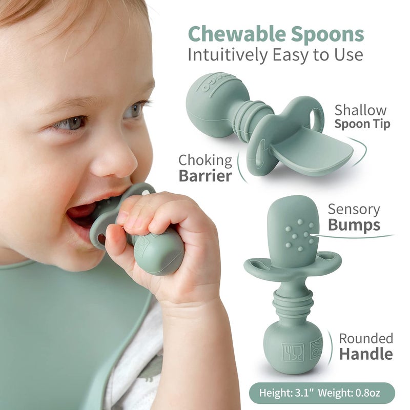 SAMiGO Silicone Baby Feeding Set, Baby Led Weaning Supplies, Suction Bowl Plate Bib Cup Self Feeding Spoons, Solid Food Eating Essentials, First Stage Utensils, 6+ Months - Image 4