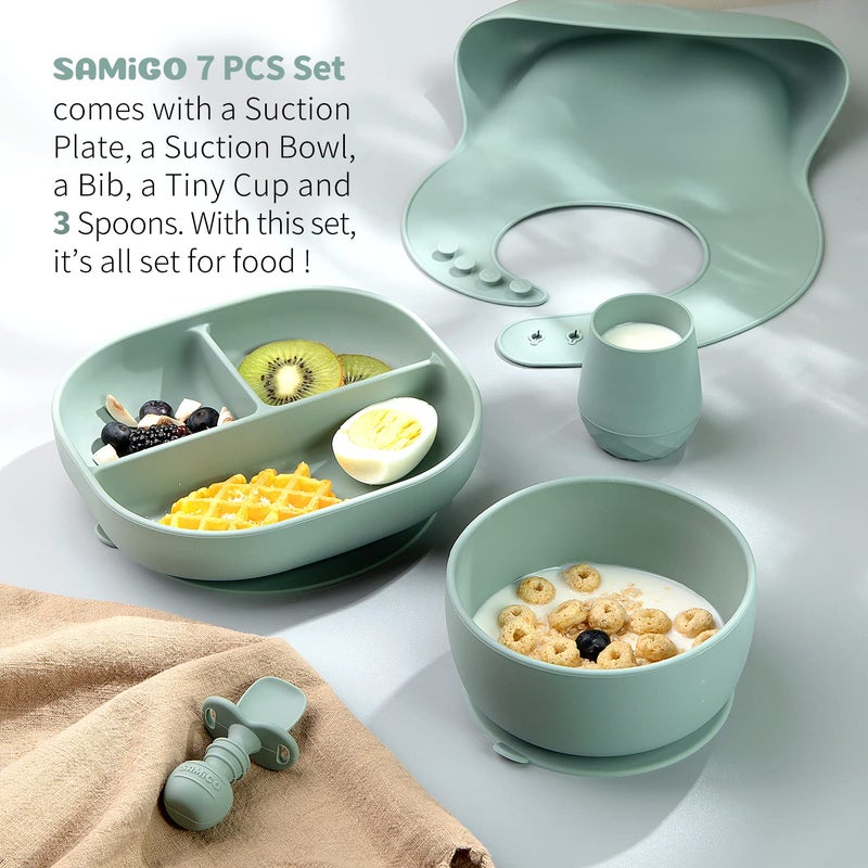 SAMiGO Silicone Baby Feeding Set, Baby Led Weaning Supplies, Suction Bowl Plate Bib Cup Self Feeding Spoons, Solid Food Eating Essentials, First Stage Utensils, 6+ Months - Image 2