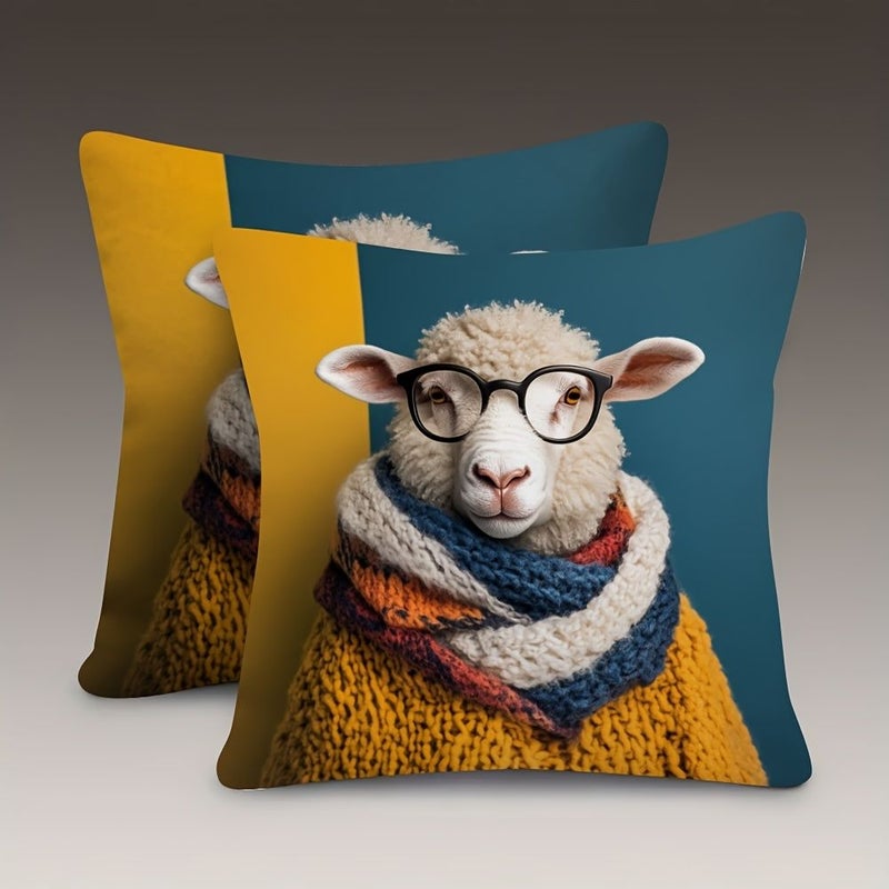 2pcs Two Sided Printing 18x18inch Super Soft Short Plush Throw Pillow Case Sheep With Glasses And Scarf Decorative Square Cushion Cover For Couch Sofa Bed Bedroom Car Living Room No Pillow Core Included - Image 1