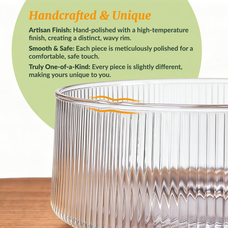 NiHome Extra Large Glass Salad Bowl with Natural Acacia Wood Base, Ribbed Design Oversized Capacity for Family Dinners, Parties, Multipurpose for Serving Salads, Fruits, Wine(Separate-Piece Design) - Image 2