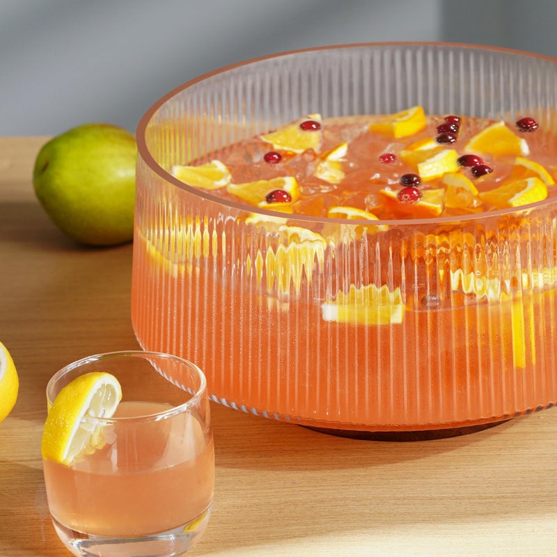 NiHome Extra Large Glass Salad Bowl with Natural Acacia Wood Base, Ribbed Design Oversized Capacity for Family Dinners, Parties, Multipurpose for Serving Salads, Fruits, Wine(Separate-Piece Design) - Image 4