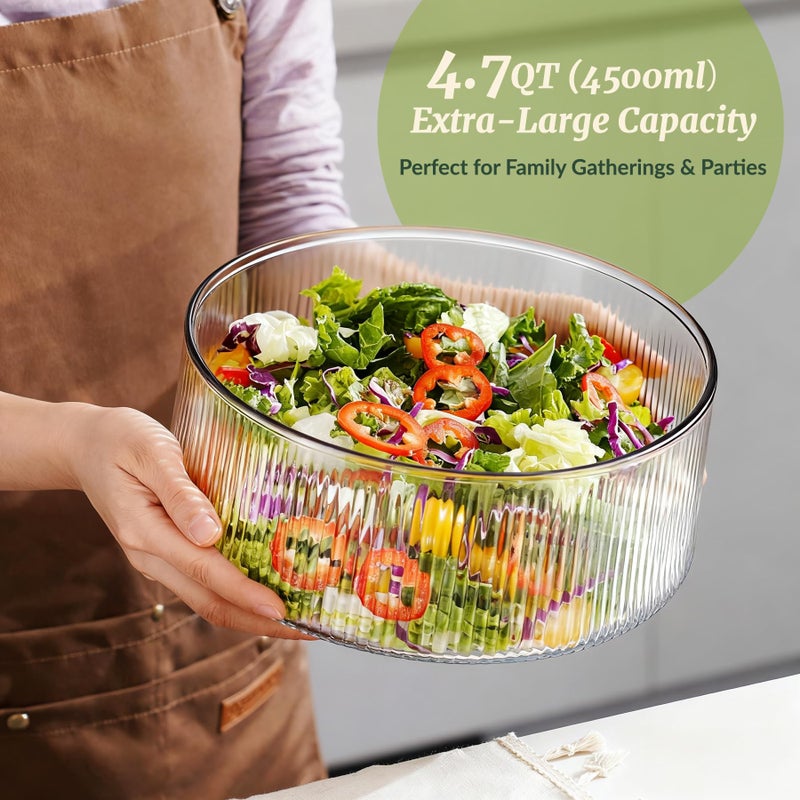 NiHome Extra Large Glass Salad Bowl with Natural Acacia Wood Base, Ribbed Design Oversized Capacity for Family Dinners, Parties, Multipurpose for Serving Salads, Fruits, Wine(Separate-Piece Design) - Image 3