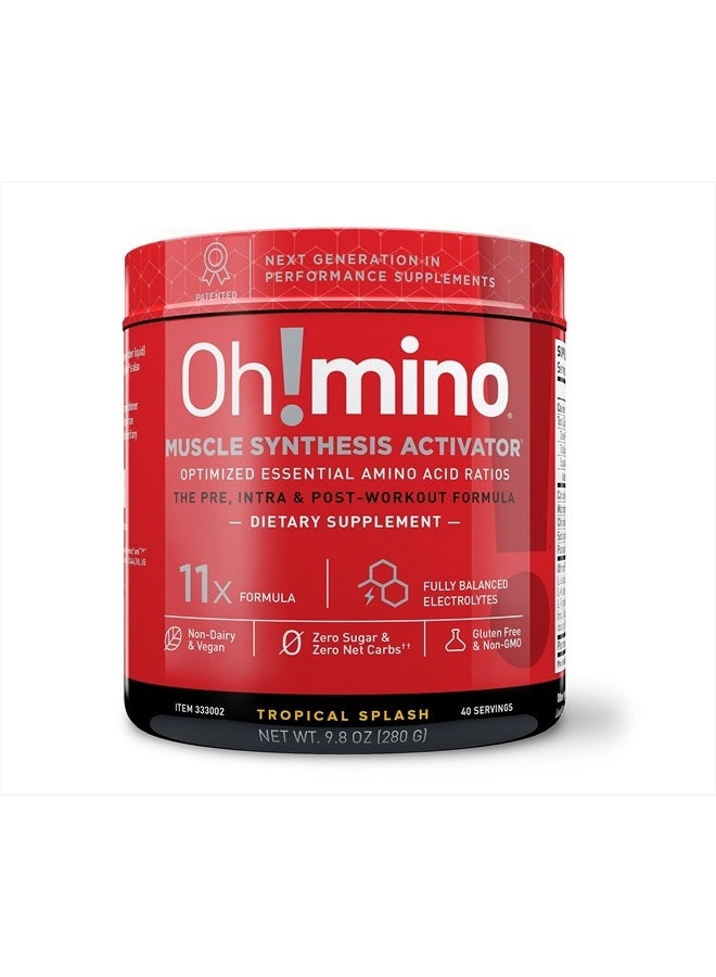Oh!mino مسحوق ما قبل التمرين، مزيج طاقة الأحماض الأمينية، مشروب استعادة ما بعد التمرين أو أثناء التمرين خالي من السكر، منشط تخليق العضلات، نكهة استوائية مع الكافيين، 280 جرام، 40 حصة - أوه!تغذية - Image 1
