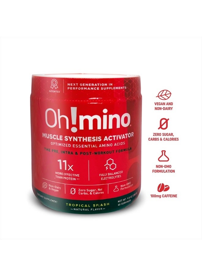 Oh!mino مسحوق ما قبل التمرين، مزيج طاقة الأحماض الأمينية، مشروب استعادة ما بعد التمرين أو أثناء التمرين خالي من السكر، منشط تخليق العضلات، نكهة استوائية مع الكافيين، 280 جرام، 40 حصة - أوه!تغذية - Image 3