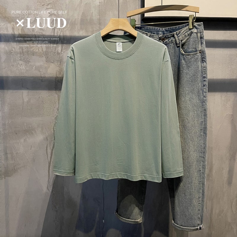 LUUD 230G combed cotton long-sleeved T-shirt men's net color top comfortable base shirt round neck pullover trendy - Image 1