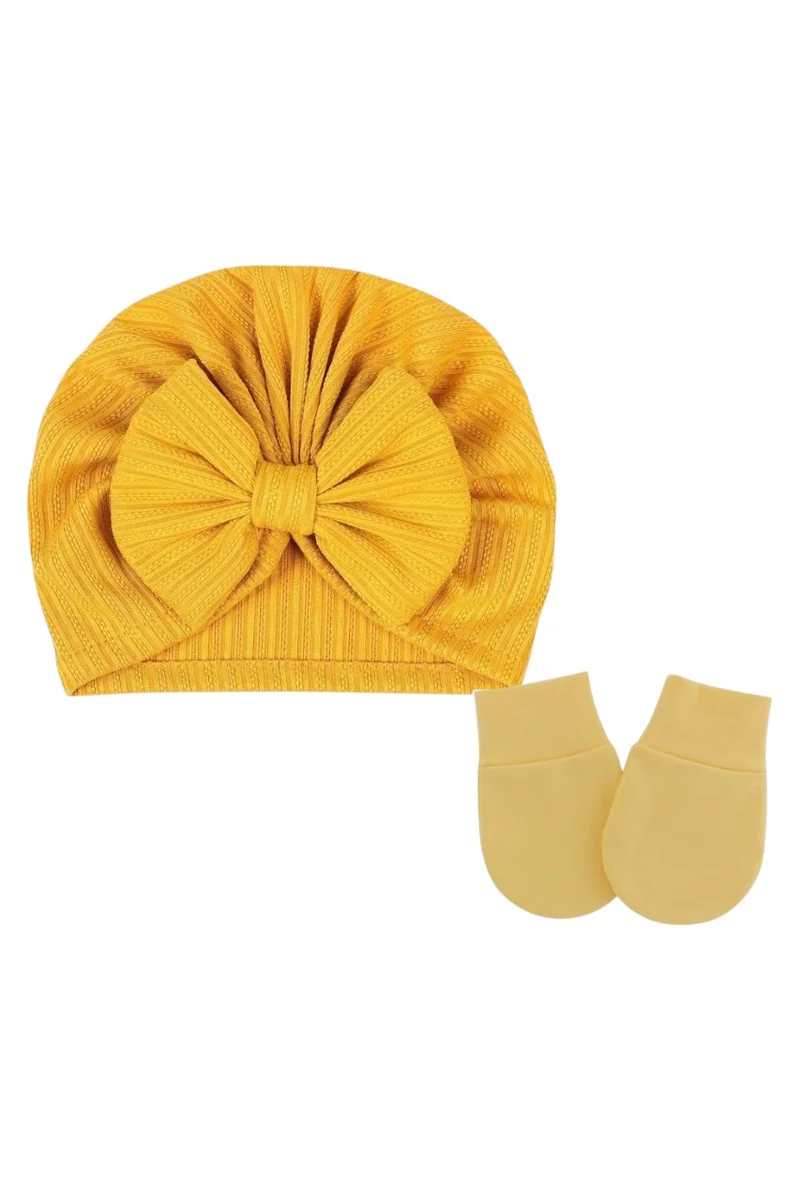 Bambimici Babybow Turban Hat And Mittens Yellow