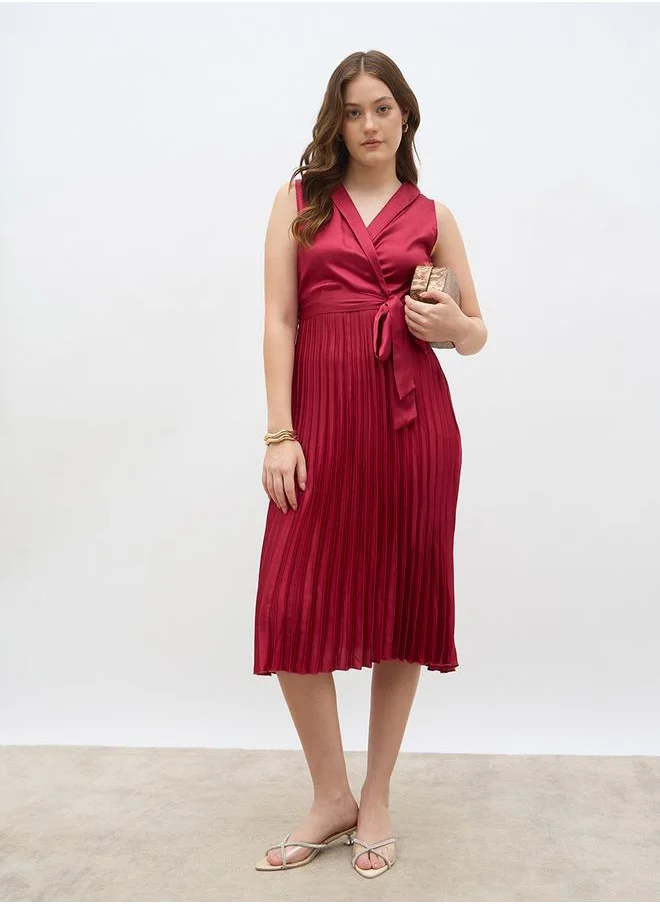Styli Styli Sleeveless Pleated A-Line Wrap Midi Dress
