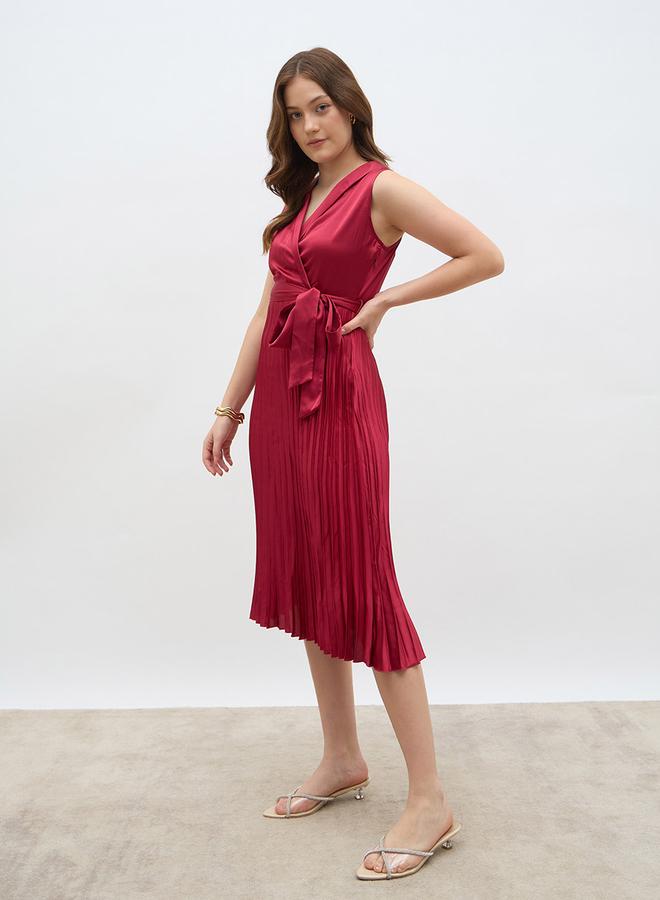 Styli Sleeveless Pleated A-Line Wrap Midi Dress - Image 3