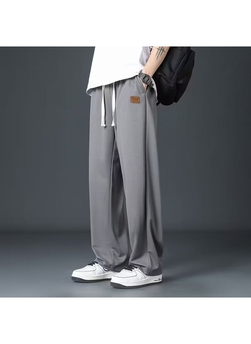 Generic High-grade Thin Ice Silk Pants Mens Spring and Summer Mens Trendy Casual Trousers Sports Loose Straight Wide Leg Pants K95 dark gray [leather label style] 