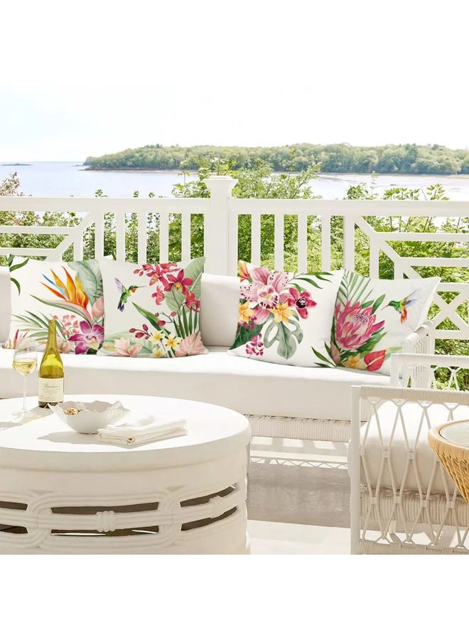 Bonhause Tropical Flowers Cushion Covers 45 x 45 cm Floral Leaves Outdoor Decorative Throw Pillow Covers Polyester Linen Pillowcases for Sofa Garden Patio Outdoor Decor Set of 4 - Image 2