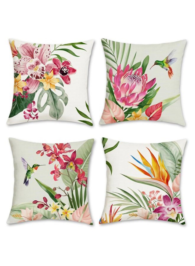 Bonhause Tropical Flowers Cushion Covers 45 x 45 cm Floral Leaves Outdoor Decorative Throw Pillow Covers Polyester Linen Pillowcases for Sofa Garden Patio Outdoor Decor Set of 4 - Image 1