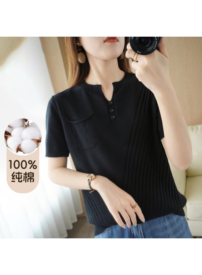 XINYANG 2025 Summer Women's Pure Cotton V-neck Short-sleeve Knit Top - Loose Fit Pullover Twisted Button Casual Stylish T-shirt - Image 2