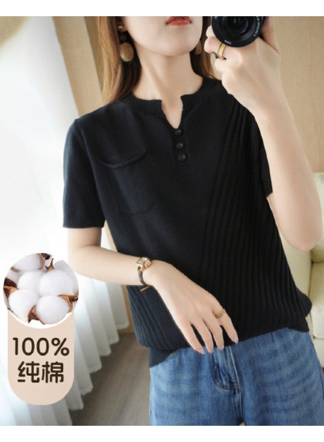 XINYANG 2025 Summer Women's Pure Cotton V-neck Short-sleeve Knit Top - Loose Fit Pullover Twisted Button Casual Stylish T-shirt - Image 1