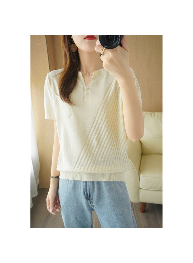 XINYANG 2025 Summer Women's Pure Cotton V-neck Short-sleeve Knit Top - Loose Fit Pullover Twisted Button Casual Stylish T-shirt - Image 5