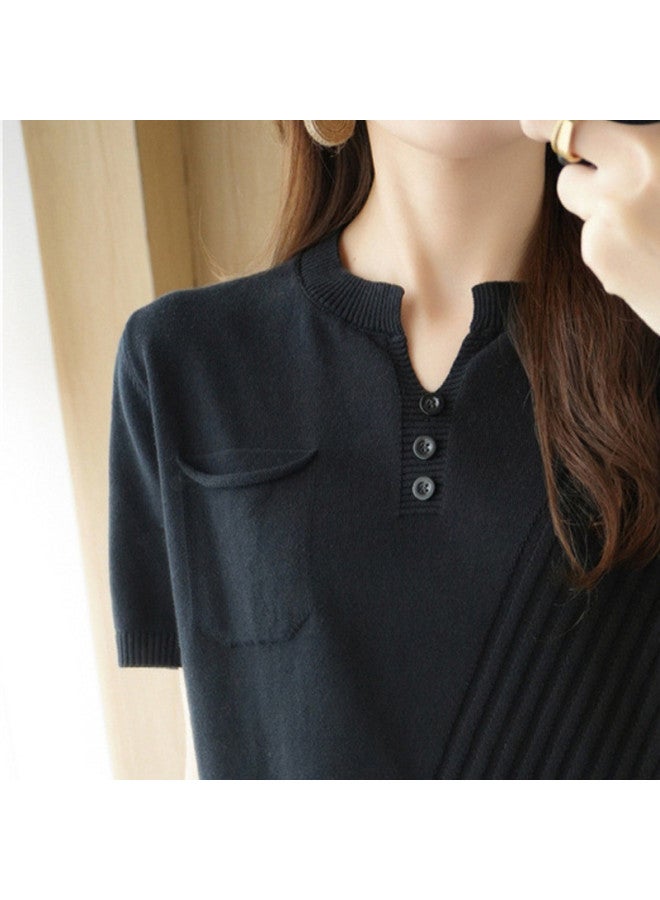 XINYANG 2025 Summer Women's Pure Cotton V-neck Short-sleeve Knit Top - Loose Fit Pullover Twisted Button Casual Stylish T-shirt - Image 4
