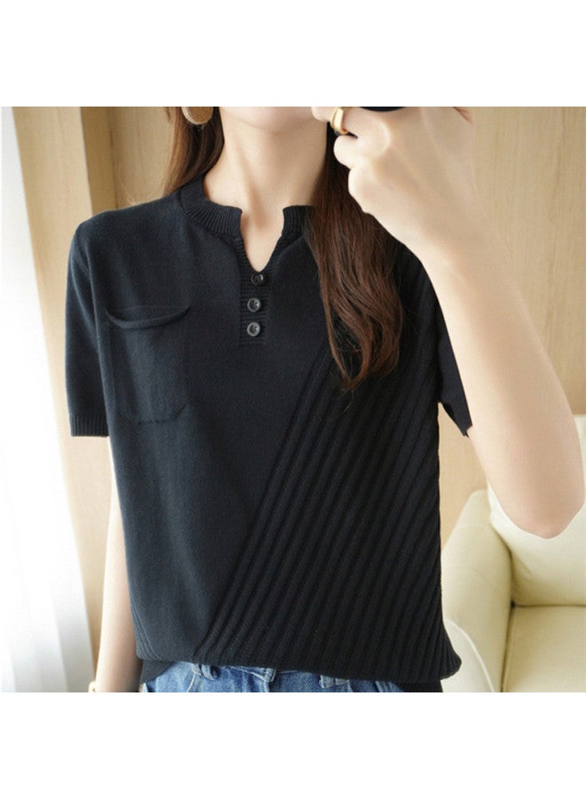 XINYANG 2025 Summer Women's Pure Cotton V-neck Short-sleeve Knit Top - Loose Fit Pullover Twisted Button Casual Stylish T-shirt - Image 3