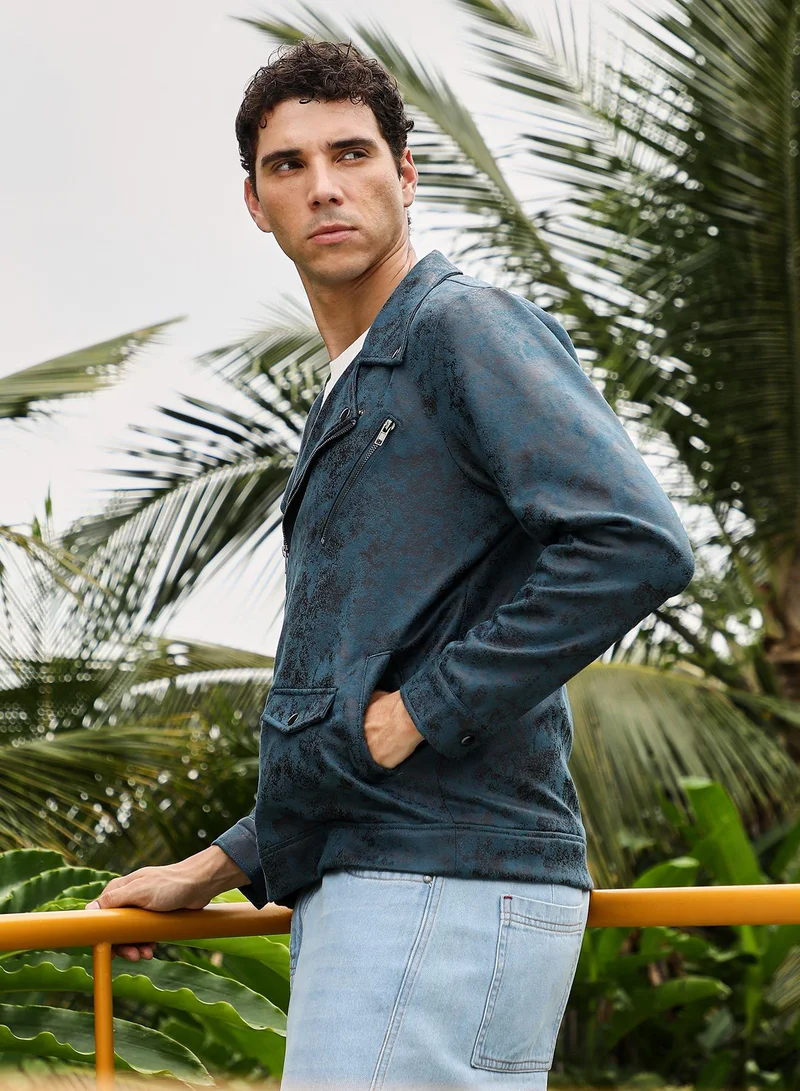 CAHOOT  Men's Midnight Blue Embossed-Suede Biker Jacket for Men | Best Price UAE
