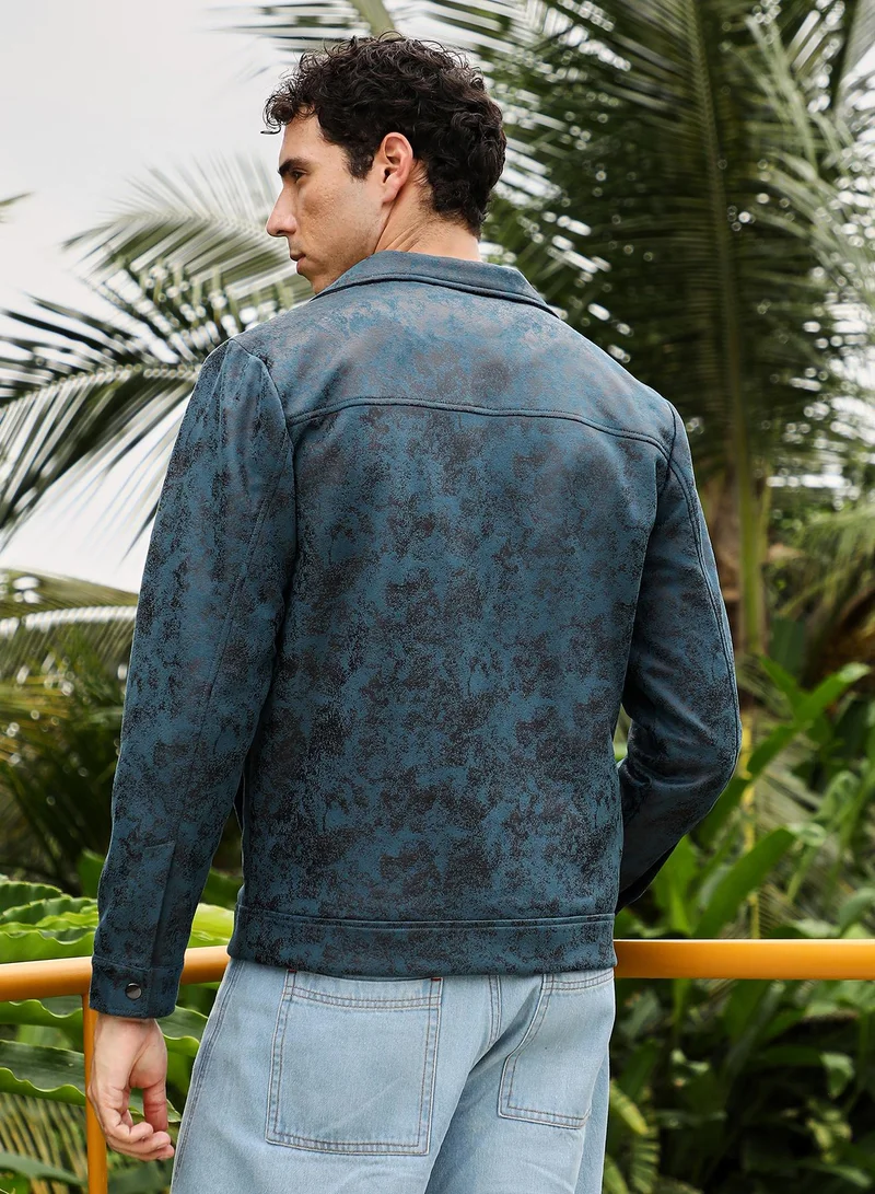 CAHOOT  Men's Midnight Blue Embossed-Suede Biker Jacket for Men | Best Price UAE