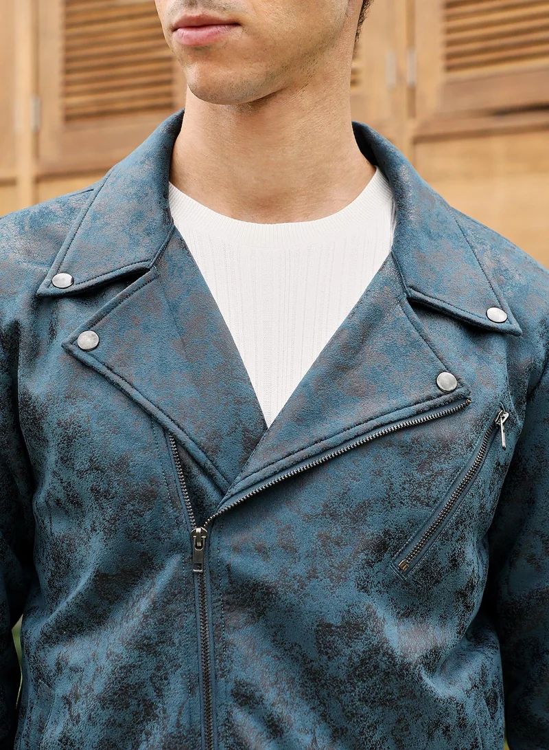 CAHOOT  Men's Midnight Blue Embossed-Suede Biker Jacket for Men | Best Price UAE