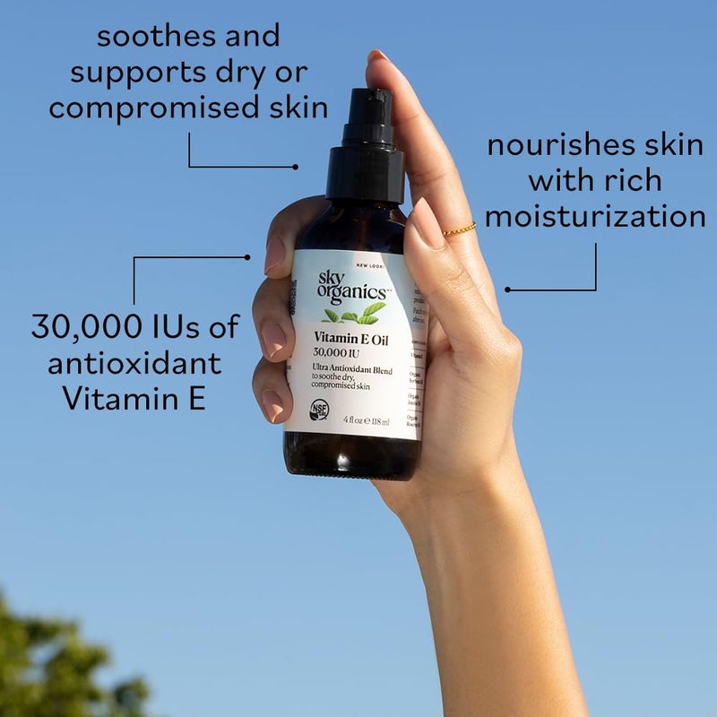 Sky Organics Vitamin E Oil Blend for Face, Organic Antioxidant Facial Oil, 30,000 IUs to Deliver Reparative Moisture and Soothe Dry, Damaged Skin, 100% Pure & Cold-Pressed, 3.97 fl oz, 117 ml - Image 4