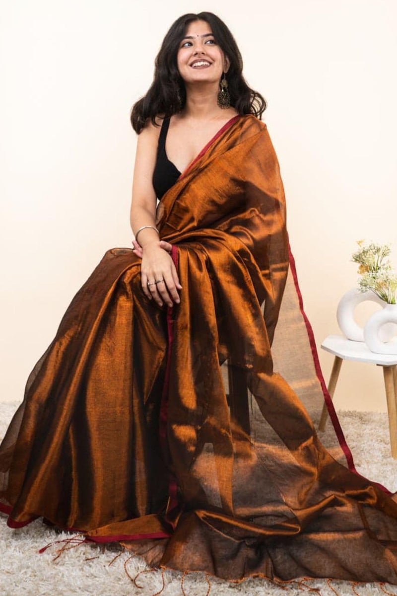 SGF11 Women's Trendy Tissue Soft Silk Saree With Blouse Piece (Brown) - Image 3