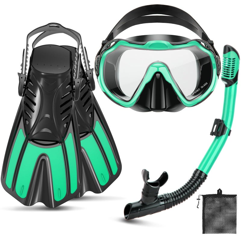 CTSAYTL Snorkeling Gear for Kids Adults, 4 in 1 Travel Mask Fins Snorkel Set with Panoramic View Anti Fog Mask, Dry Top Snorkel, Trek Fins and Travel Bag, Snorkel Gear for Swimming Diving Snorkeling - Image 1