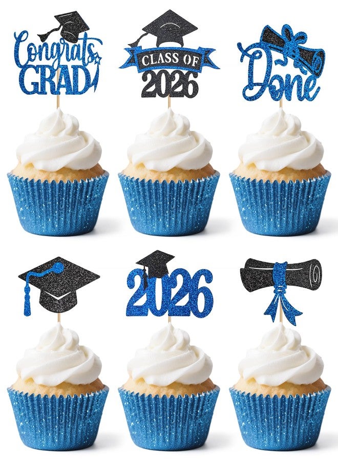 EMORBALS 48PCS Graduation Cupcake Toppers 2026, Glitter 2026 Grad Cupcake Topper, Graduation Cake Decorations for Party Centerpieces, Family Celebrations(Black&Blue) - Image 1