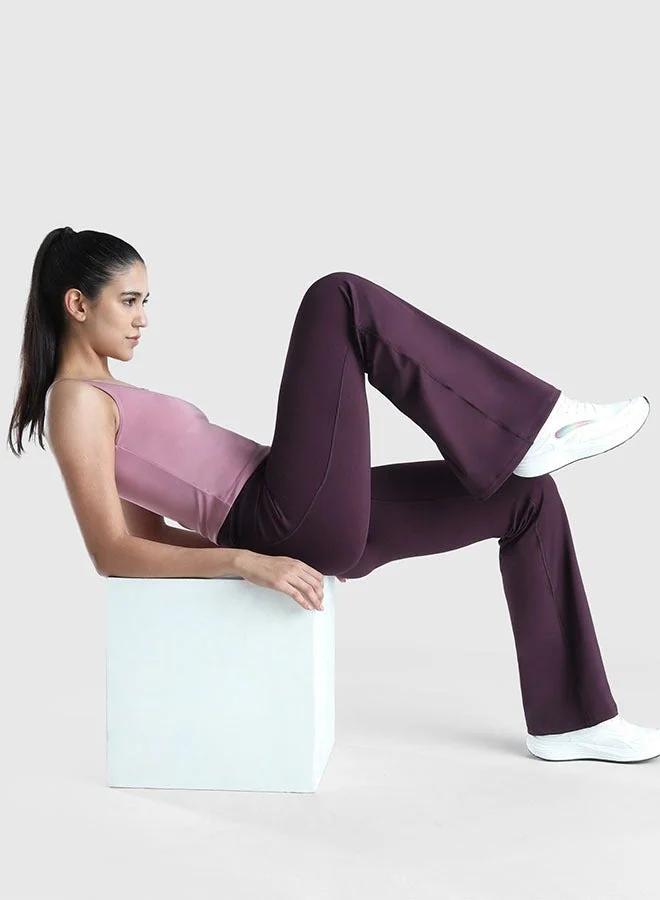 Musclemind maroon Women's Flare Pants with High Waist Anti Slip No Roll Down Waistband, 2 Deep Pockets, Super Soft, Lightweight And Streachable Fabric for All Day Comfort for Women | Best Price UAE