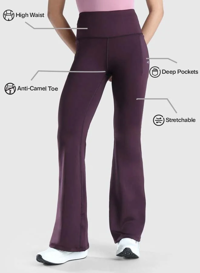 Musclemind maroon Women's Flare Pants with High Waist Anti Slip No Roll Down Waistband, 2 Deep Pockets, Super Soft, Lightweight And Streachable Fabric for All Day Comfort for Women | Best Price UAE