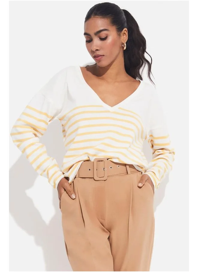 JUNE June V-Neck Striped Sweater Ecru - Beige