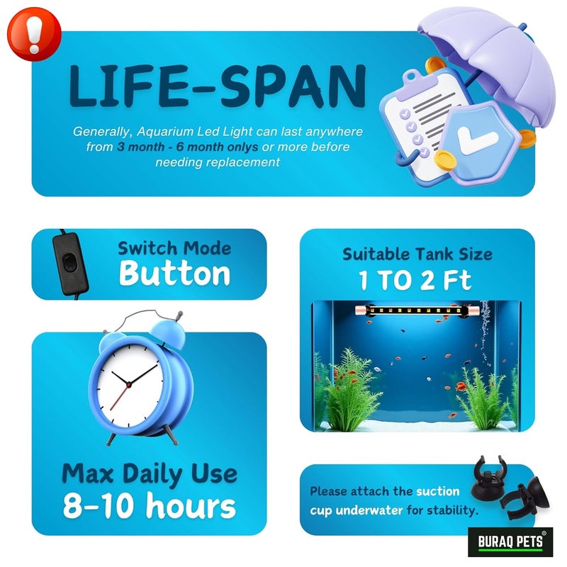 BURAQ ضوء حوض السمك بألوان مختلطة - لجعل حوض السمك الخاص بك متميز | مقاوم للماء بتصنيف IP68 | مصباح زينة قابل للغمر بالكامل (يمكن استخدامه حتى حوض سمك بعمق 2.5 قدم، ألوان مختلطة) - زجاج، LED - Image 4