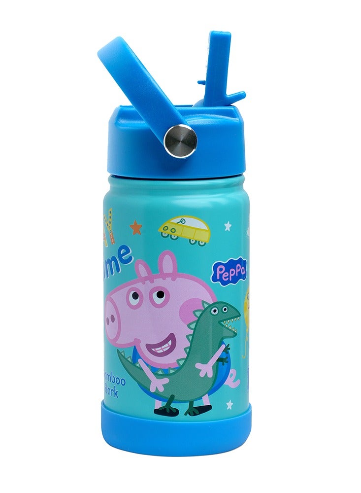 بيبا بيغ زجاجة مياه معزولة بتصميم Peppa Pig George Pig مزودة بقشة ومقبض - ترمس حراري مزدوج الجدار من الفولاذ المقاوم للصدأ للمياه الساخنة والباردة، زجاجة مياه للأطفال مقاومة للتسرب وقابلة لإعادة الاستخدام - Image 1