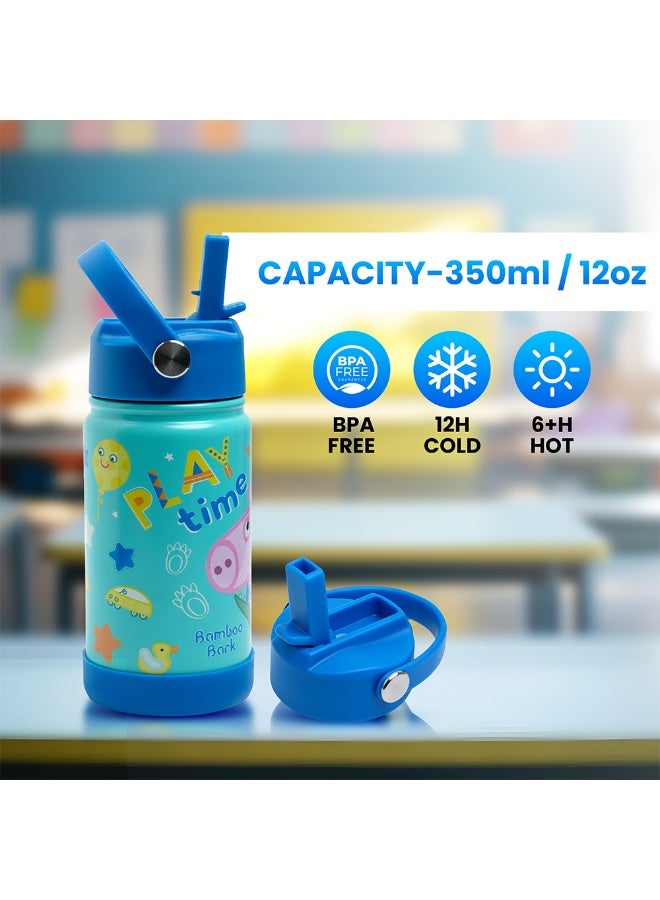 بيبا بيغ زجاجة مياه معزولة بتصميم Peppa Pig George Pig مزودة بقشة ومقبض - ترمس حراري مزدوج الجدار من الفولاذ المقاوم للصدأ للمياه الساخنة والباردة، زجاجة مياه للأطفال مقاومة للتسرب وقابلة لإعادة الاستخدام - Image 3