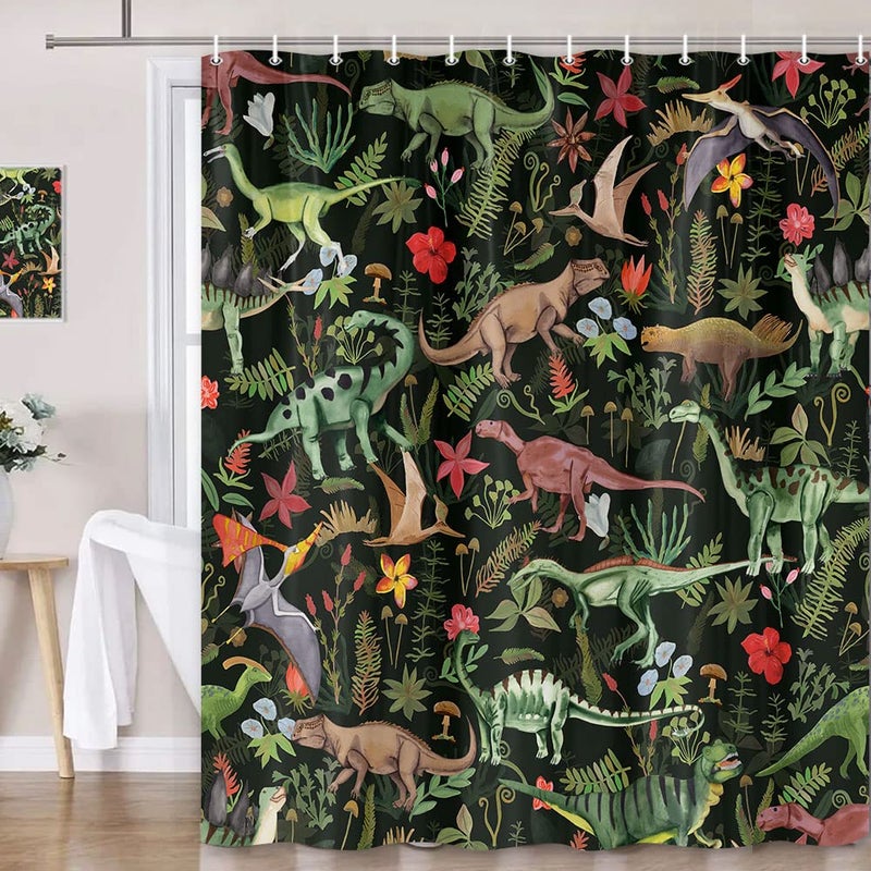 Wathon Dinosaurs Shower Curtain for Kids Bathroom, Cute Dino Bath Curtain Dinosaur Jungle Funny Cartoon Boys Girls Children Bathroom Decor Set Hooks Included 72X72IN - Image 1