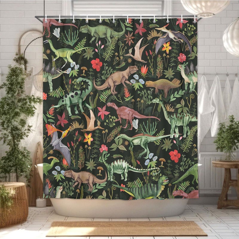 Wathon Dinosaurs Shower Curtain for Kids Bathroom, Cute Dino Bath Curtain Dinosaur Jungle Funny Cartoon Boys Girls Children Bathroom Decor Set Hooks Included 72X72IN - Image 2