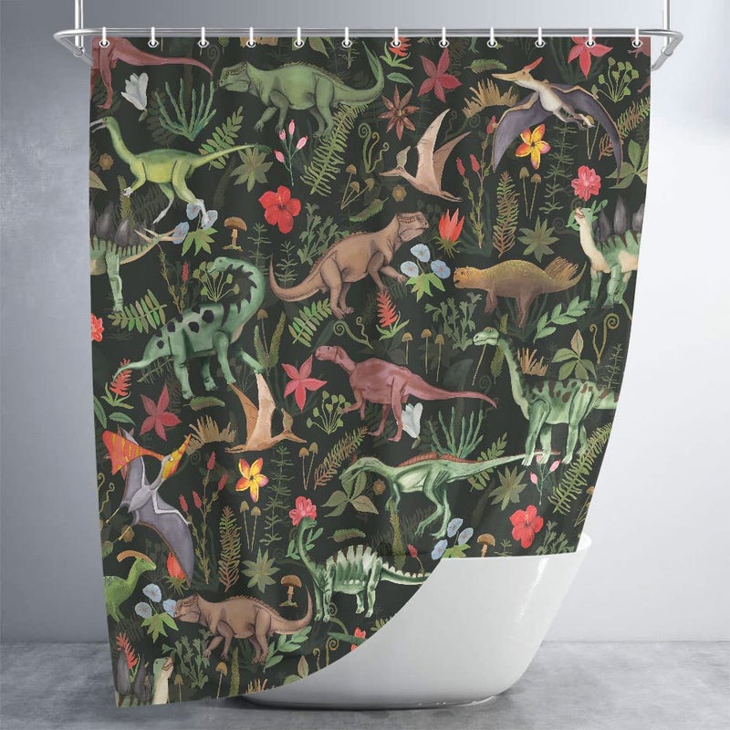 Wathon Dinosaurs Shower Curtain for Kids Bathroom, Cute Dino Bath Curtain Dinosaur Jungle Funny Cartoon Boys Girls Children Bathroom Decor Set Hooks Included 72X72IN - Image 4