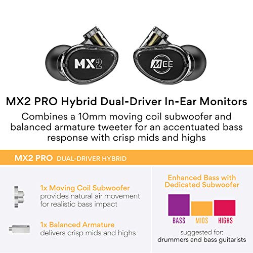 MEE audio Professional MX2 PRO Dual-Driver Hybrid Musician's in Ear Monitor Headphones with Dedicated Subwoofer for Realistic Bass, Noise Isolating Earphones with Detachable Cables, Black - Image 3